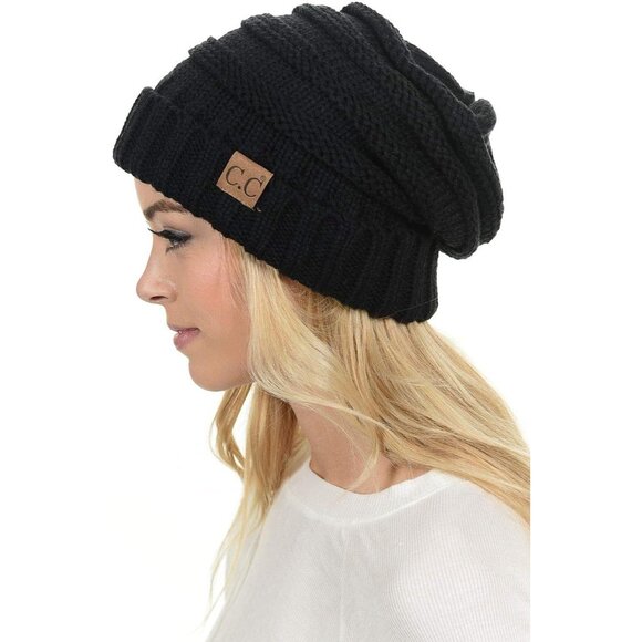 Accessories - Oversized Cable Knit Beanie - Thick, Warm Slouchy Hat in Chic Black 100% Acrylic